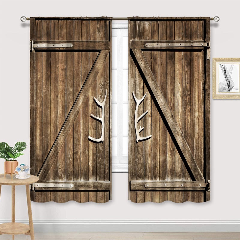 Cinbloo Rustic Western Curtains 42W x 63L Inch Rod Pocket Farmhouse Wooden Barnwood Country Bedroom Decor Vintage Retro Brown Wood Lodge Cabin Barn Door Living Room Window Drapes Fabric 2 Panels - Image 2